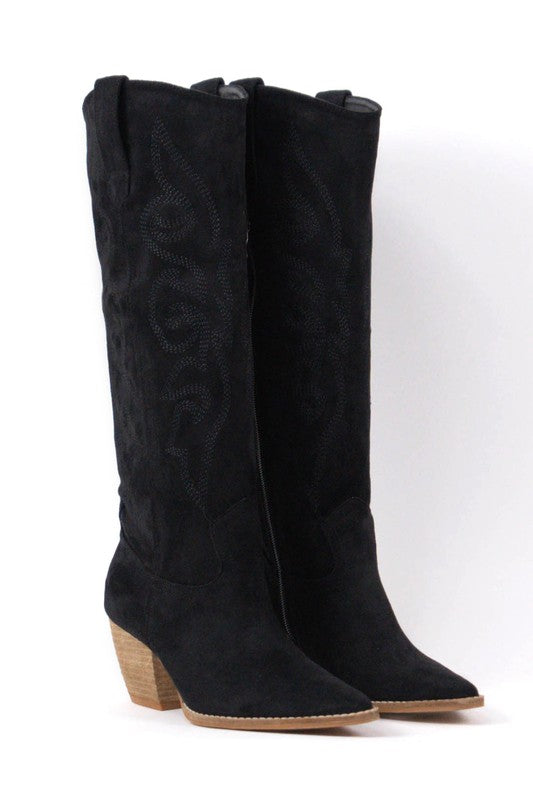 Black Suede Embroidered Cowboy Boot