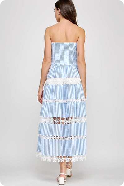 Eyelet Embroidered Lace Tube Dress- Blue Stripes