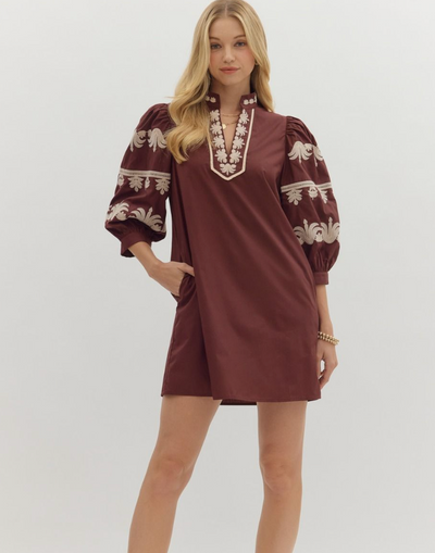 Burgundy Embroidered Puff Sleeve Mini Dress