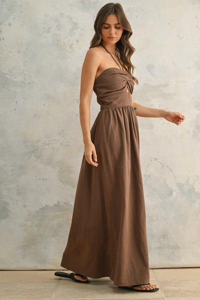 Brown Knotted Halter Neck Maxi Dress
