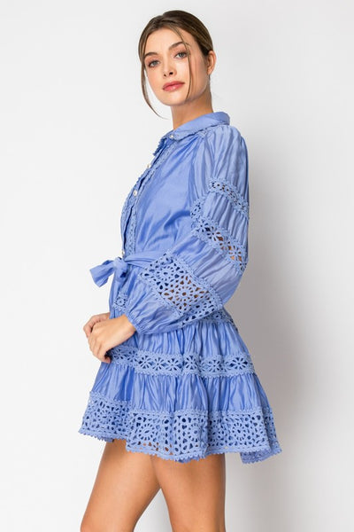 Blue Long Sleeve Crochet Detail Mini Dress