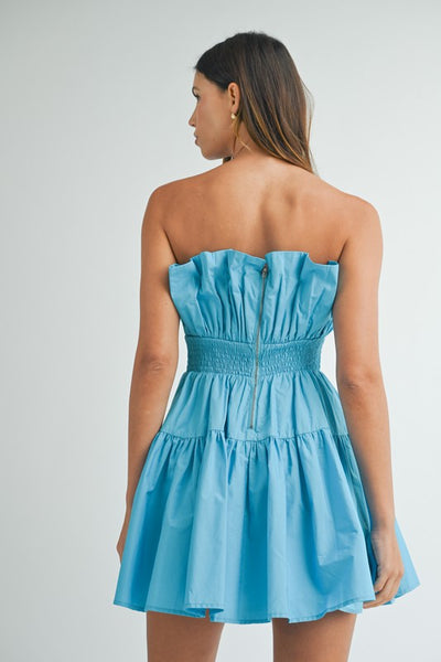 Dramatic Pleated Strapless Aqua Mini Dress