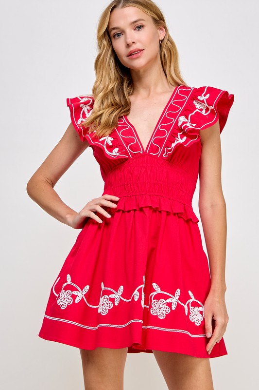 Embroidery Detail Ruffle Linen Mini Dress- Cherry Red