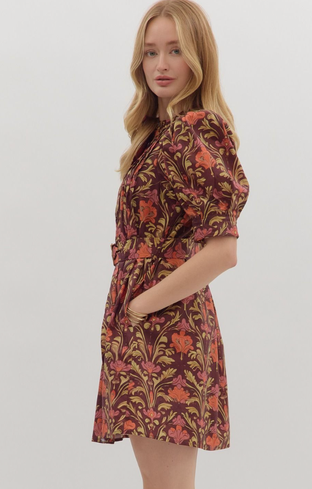 Burgundy Floral Belted Mini Dress