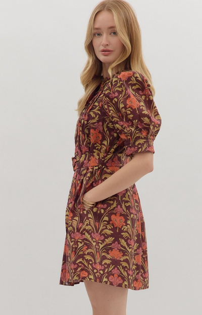 Burgundy Floral Belted Mini Dress