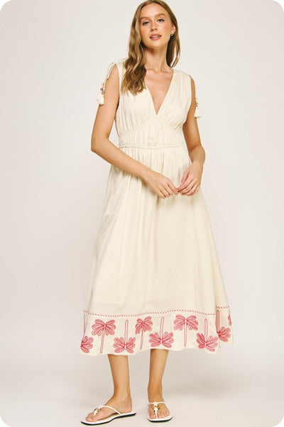 Linen Palm Tree Embroidered Dress