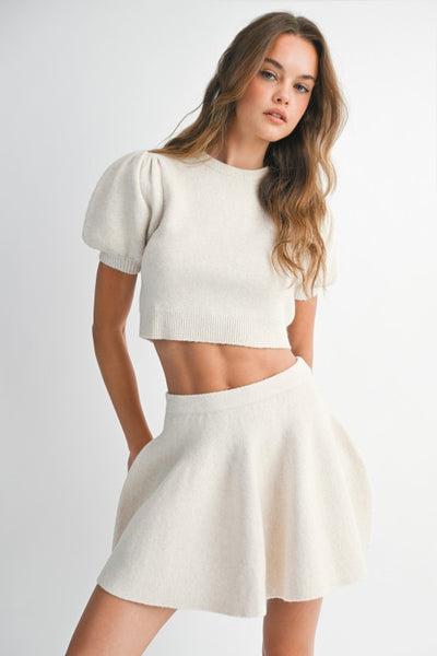 Cream Puff Sleeve Mini Skirt Set