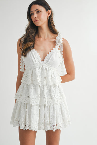 White Crochet Lace Tiered Mini Dress
