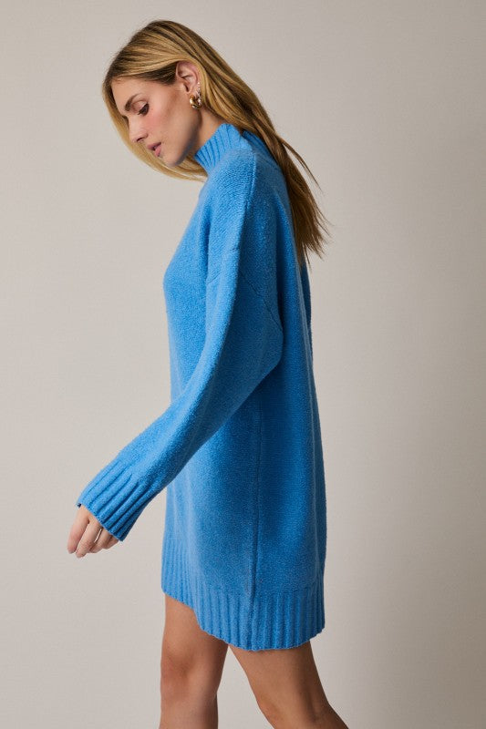 Blue Turtle Neck Long Sleeve Sweater Dress