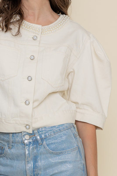 Pearl Neck Puff Sleeve Denim Top
