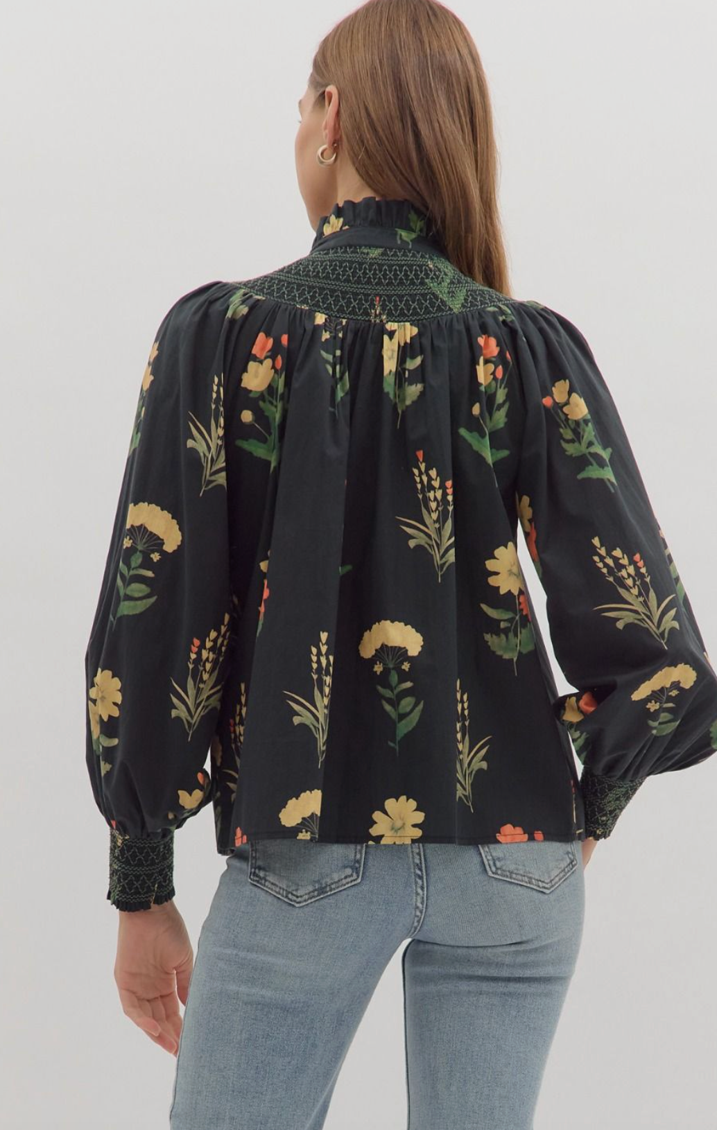 Black Floral Print Smocked Neck Long Sleeve Top