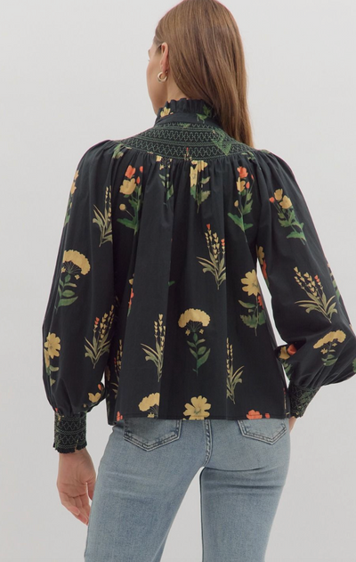 Black Floral Print Smocked Neck Long Sleeve Top