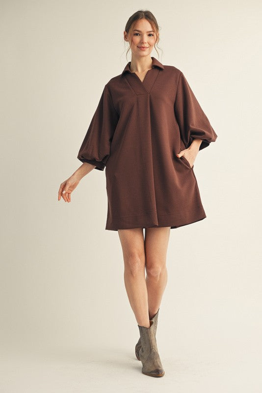 Brown Front Pleated Comfy Dress