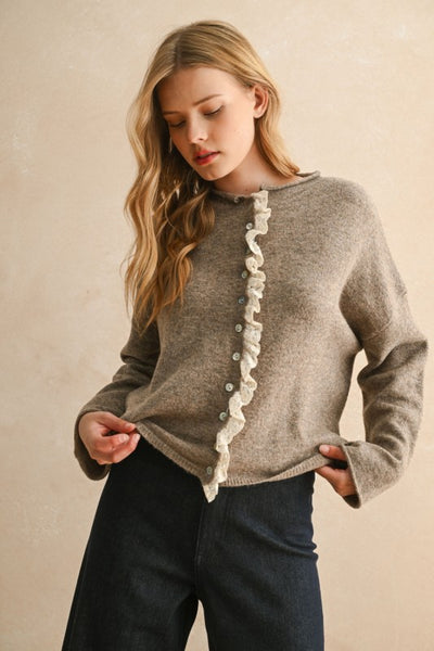 Mocha Lace Trim Cardigan Top