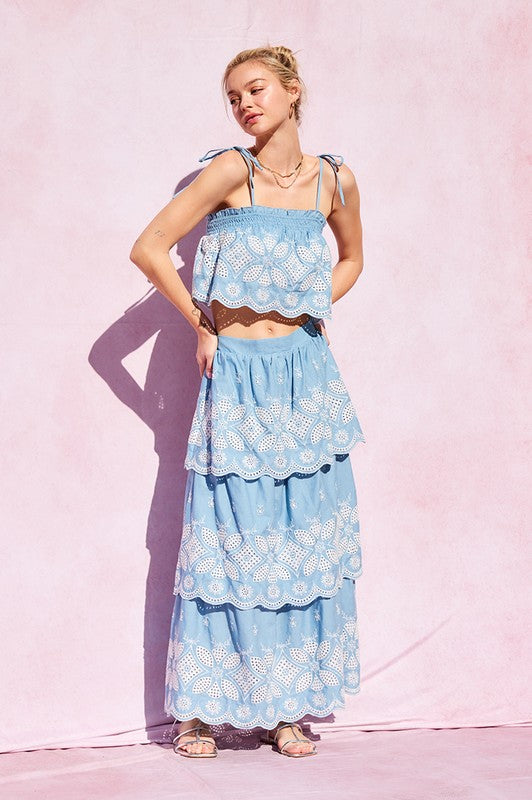 Ellison Embroidered Maxi Skirt Set- Chambray