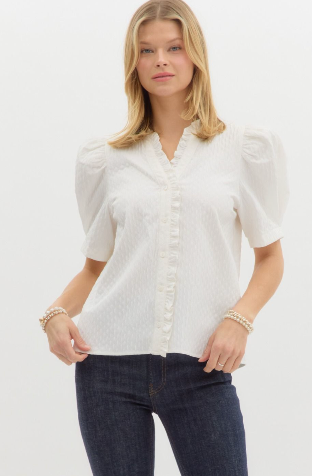 White Textured Puff Sleeve Top