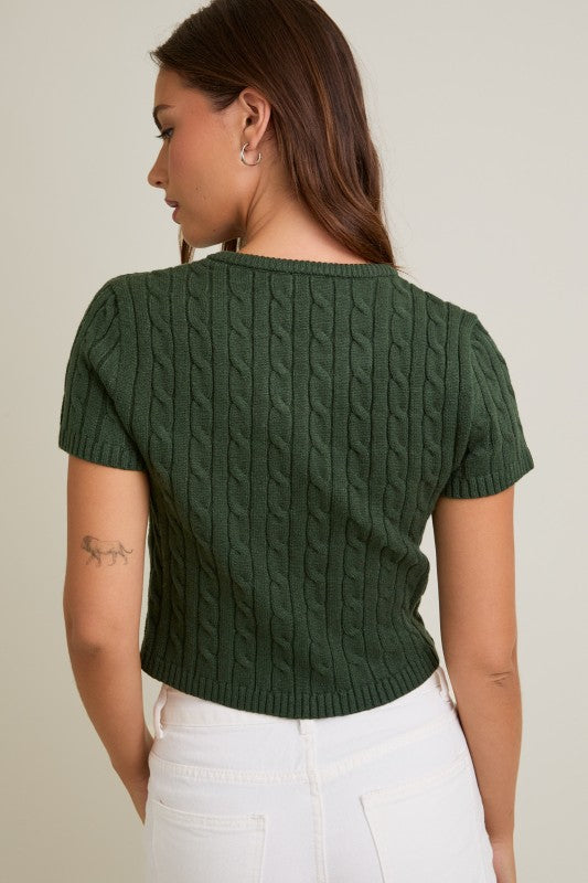 Short Sleeve Cable Sweater Top- Dark Green