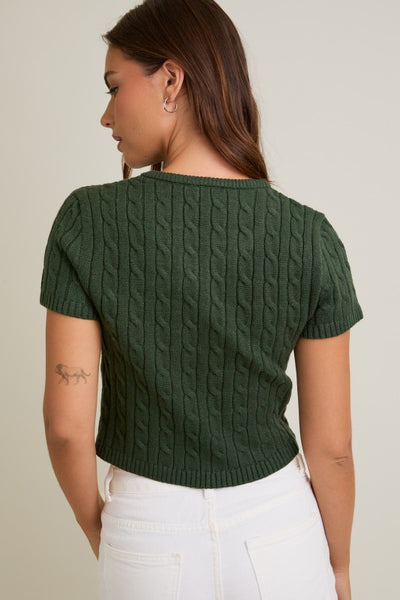 Short Sleeve Cable Sweater Top- Dark Green