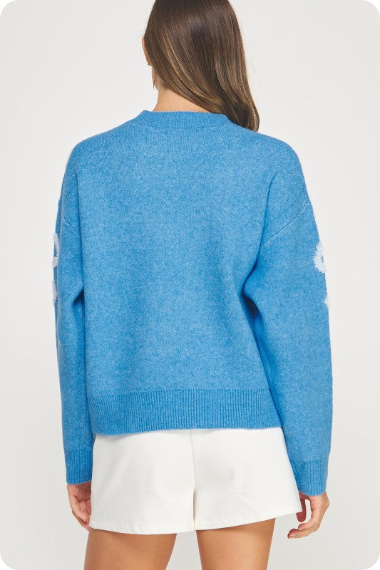 Blue Floral Embroidered Sweater