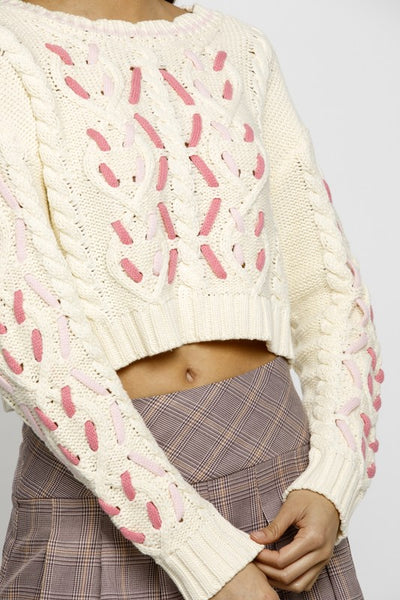 Pink Interlaced Detail Cable Knit Sweater