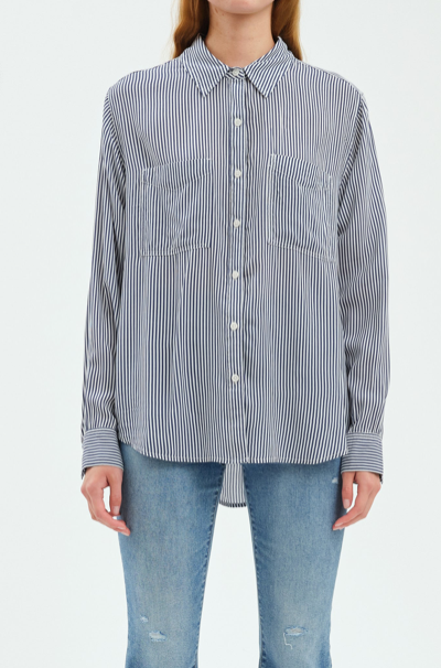 Palisades Rayon Button Up Top- Bluestone Stripe