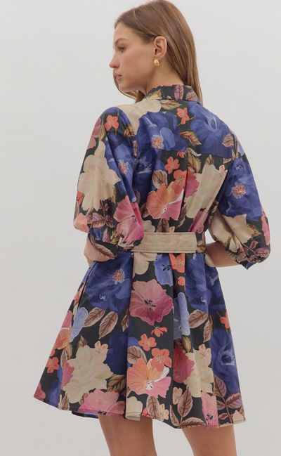 Midnight Floral Puff Sleeve Mini Dress