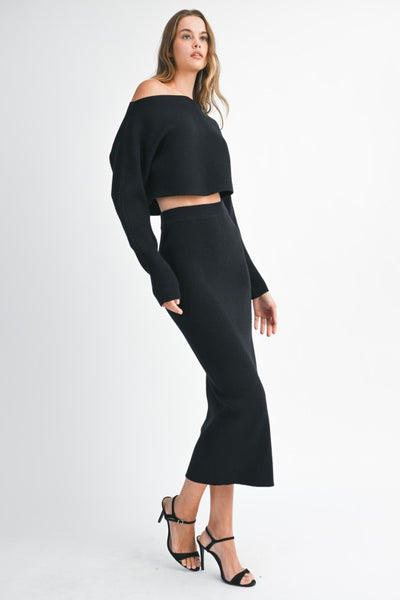 Crop Knit Top And Midi Skirt Set- Black