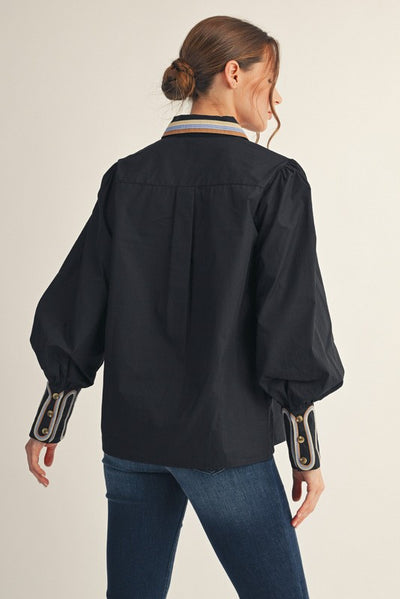 Black Embroidery Accent Button Down Shirt