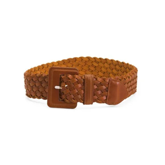 Tan Leather Wide Woven Belt