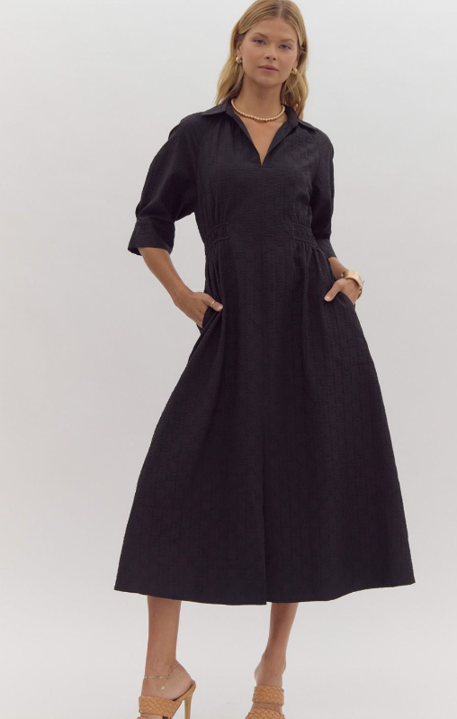 Embossed Cuff Sleeve Black Midi Dress