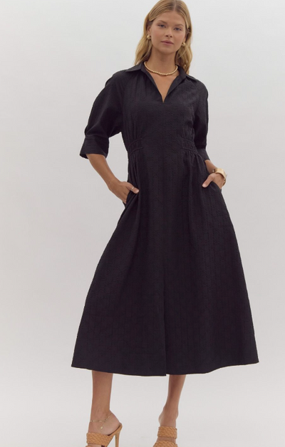 Embossed Cuff Sleeve Black Midi Dress