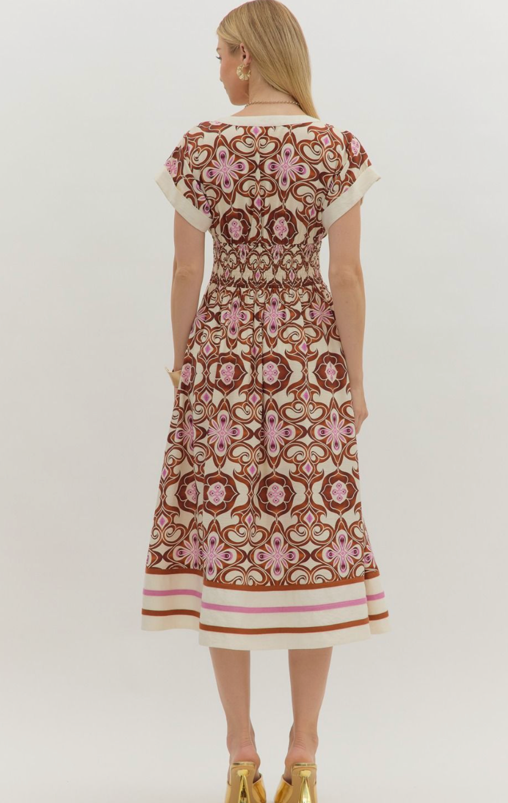 Brown and Pink Smocked Waist Midi Dress