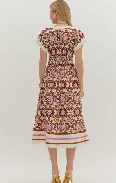 Brown and Pink Smocked Waist Midi Dress