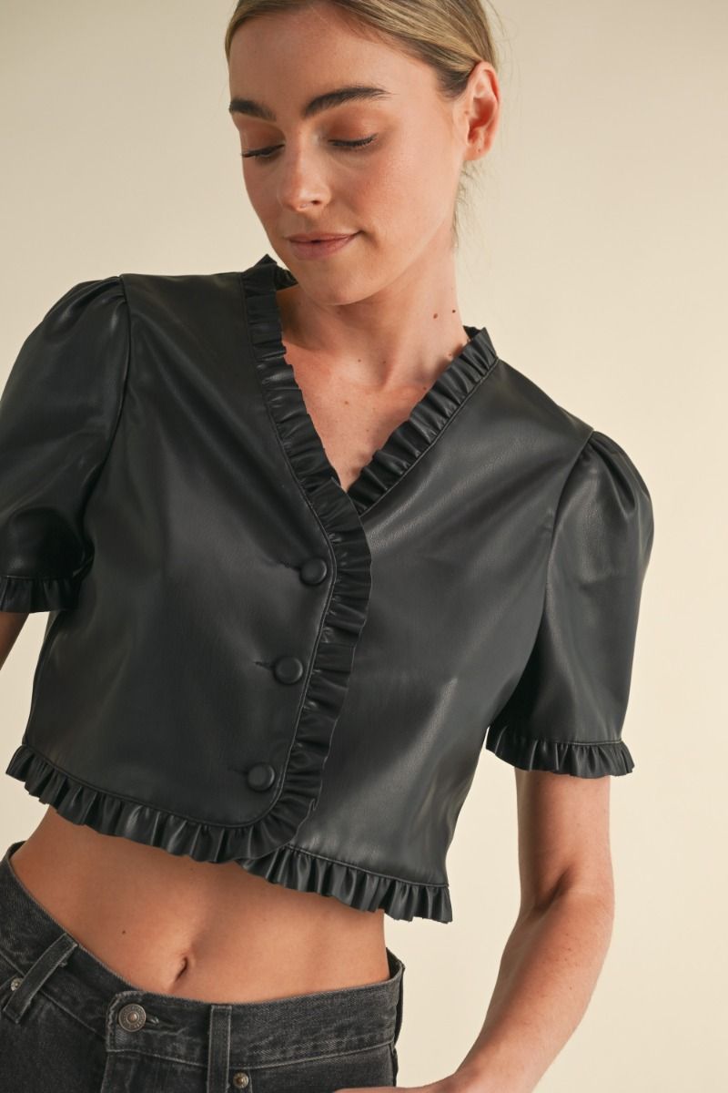 Black Faux Leather Ruffled Top