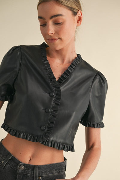 Black Faux Leather Ruffled Top