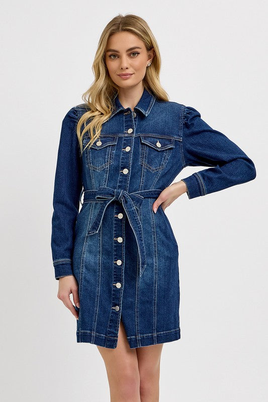 Puffed Sleeve Denim Dress