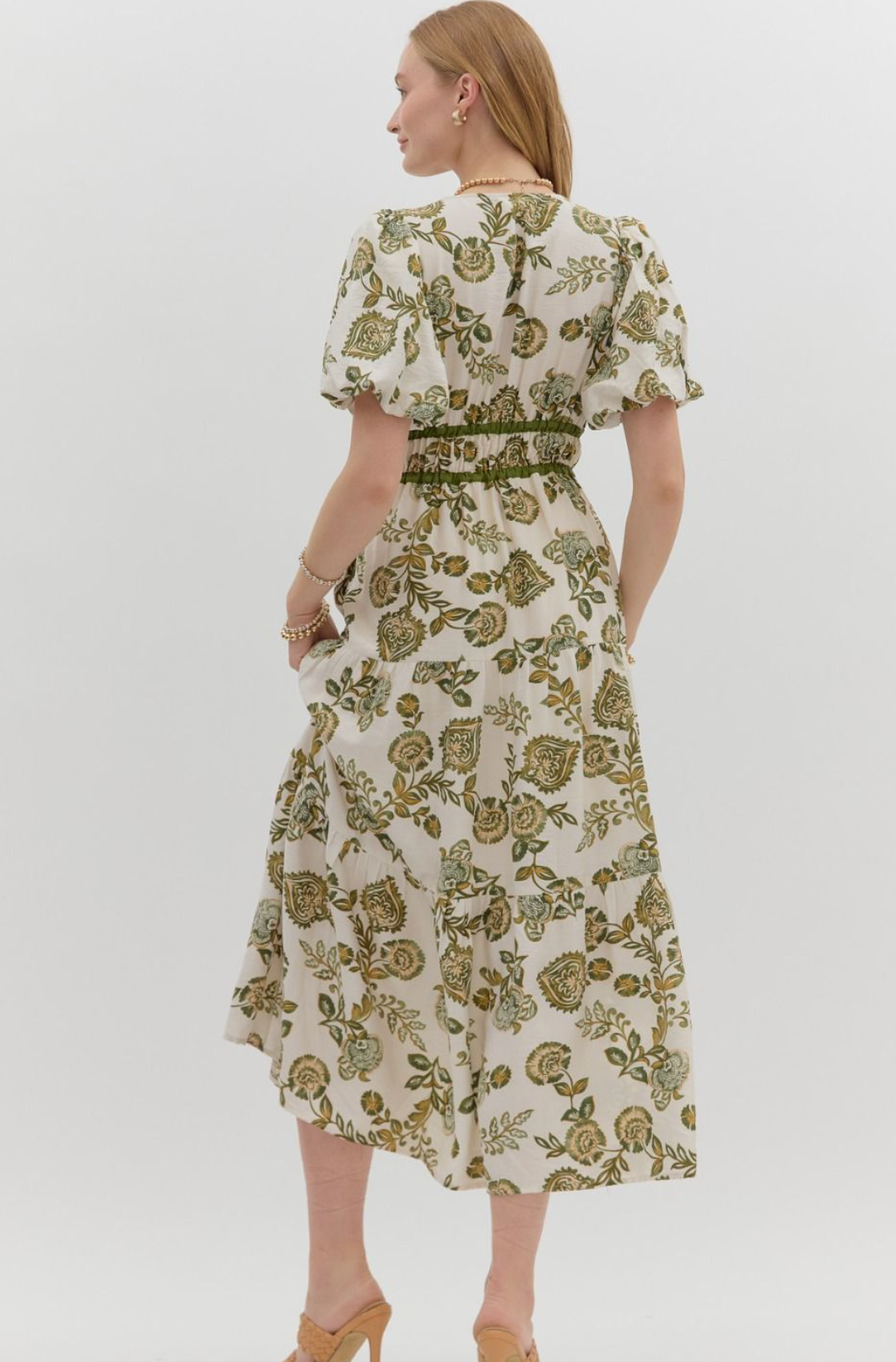 Olive Floral Bow Detail Midi Dress