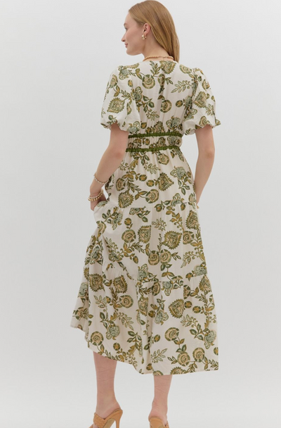 Olive Floral Bow Detail Midi Dress