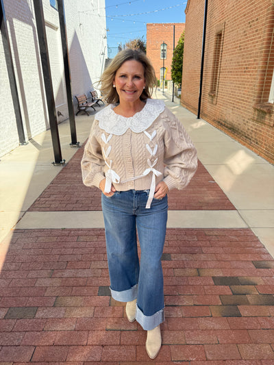 Taupe Embroidered Collar Cable Knit Sweater