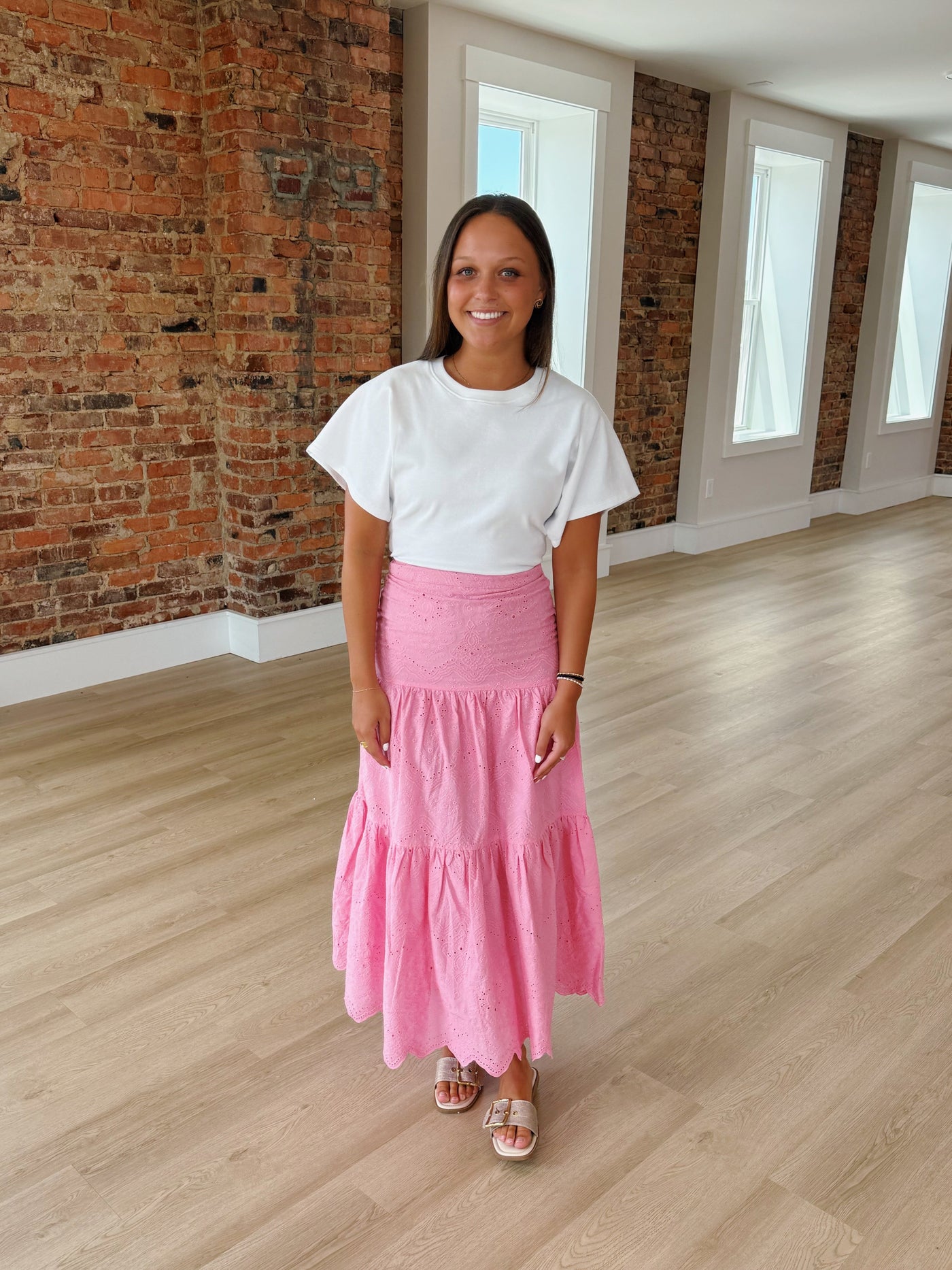 Bright Pink Embroidered Maxi Skirt