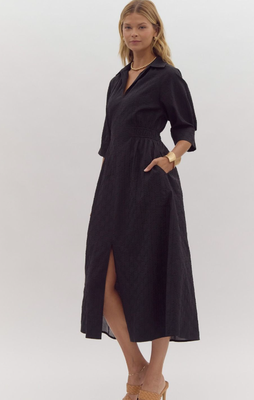 Embossed Cuff Sleeve Black Midi Dress