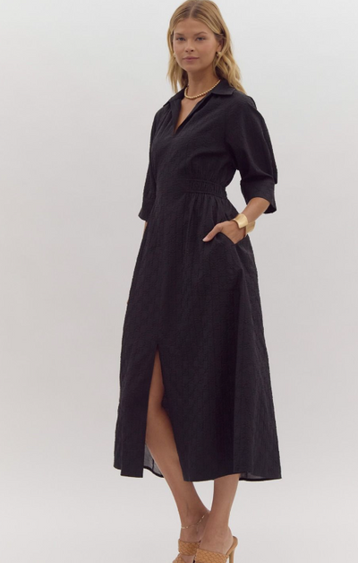 Embossed Cuff Sleeve Black Midi Dress