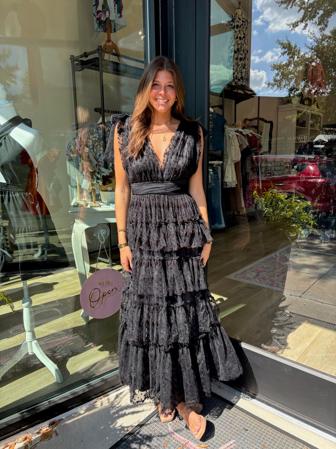 Dot Lace Mesh Tiered Maxi Dress- Black