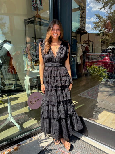 Dot Lace Mesh Tiered Maxi Dress- Black