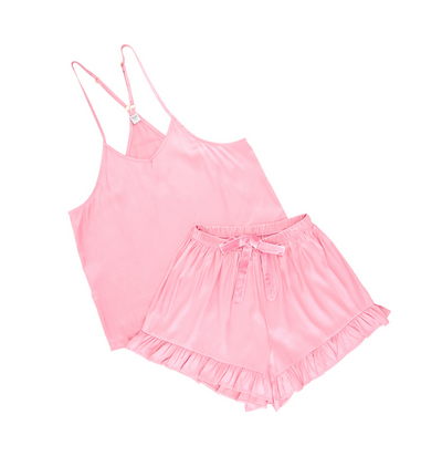 Cami + Velvet Ruffled Pajama Set- Pink