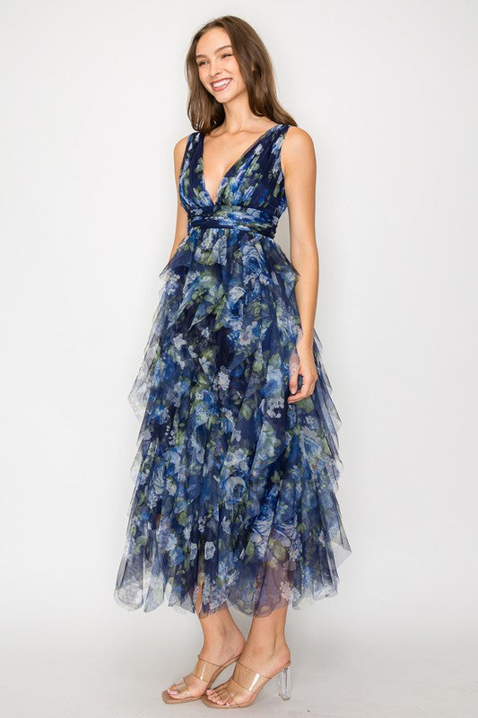 Navy Floral Tulle Midi Dress