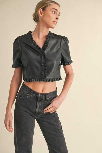 Black Faux Leather Ruffled Top