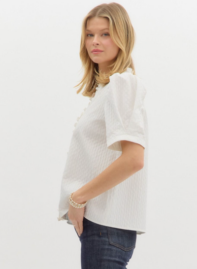 White Textured Puff Sleeve Top