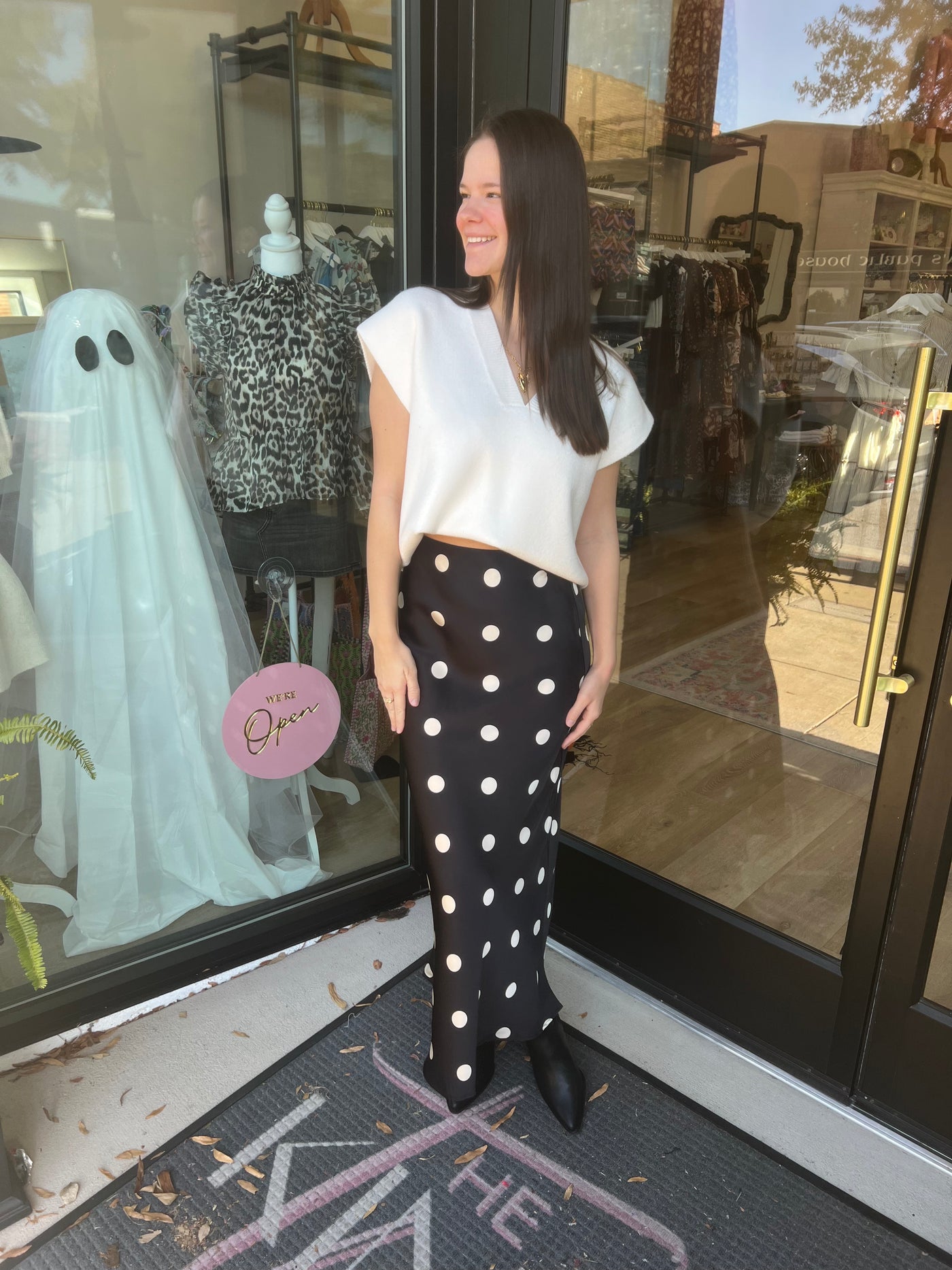 Black Satin Polka Dot Maxi Skirt