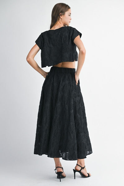 Floral Textured Crop and Skirt Set- Black